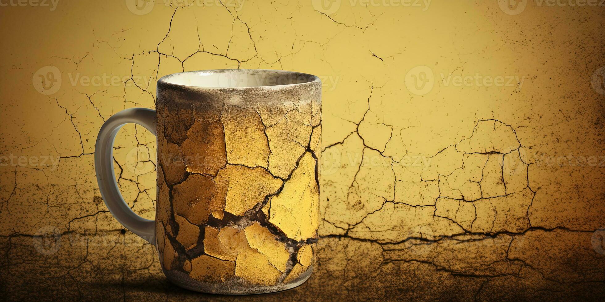 Cracked Coffee cup on wooden table and grunge yellow wall background. AI Generative photo