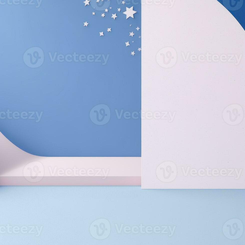 Minimalist scene with blue podium and star. 3d render. Primitive geometrical figures, pastel colors, AI Generative photo