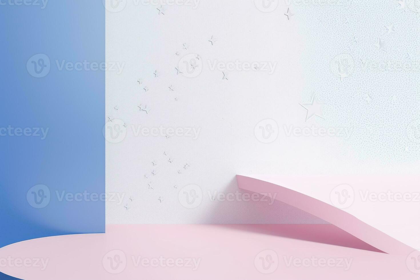 Minimalist scene with blue podium and star. 3d render. Primitive geometrical figures, pastel colors, AI Generative photo