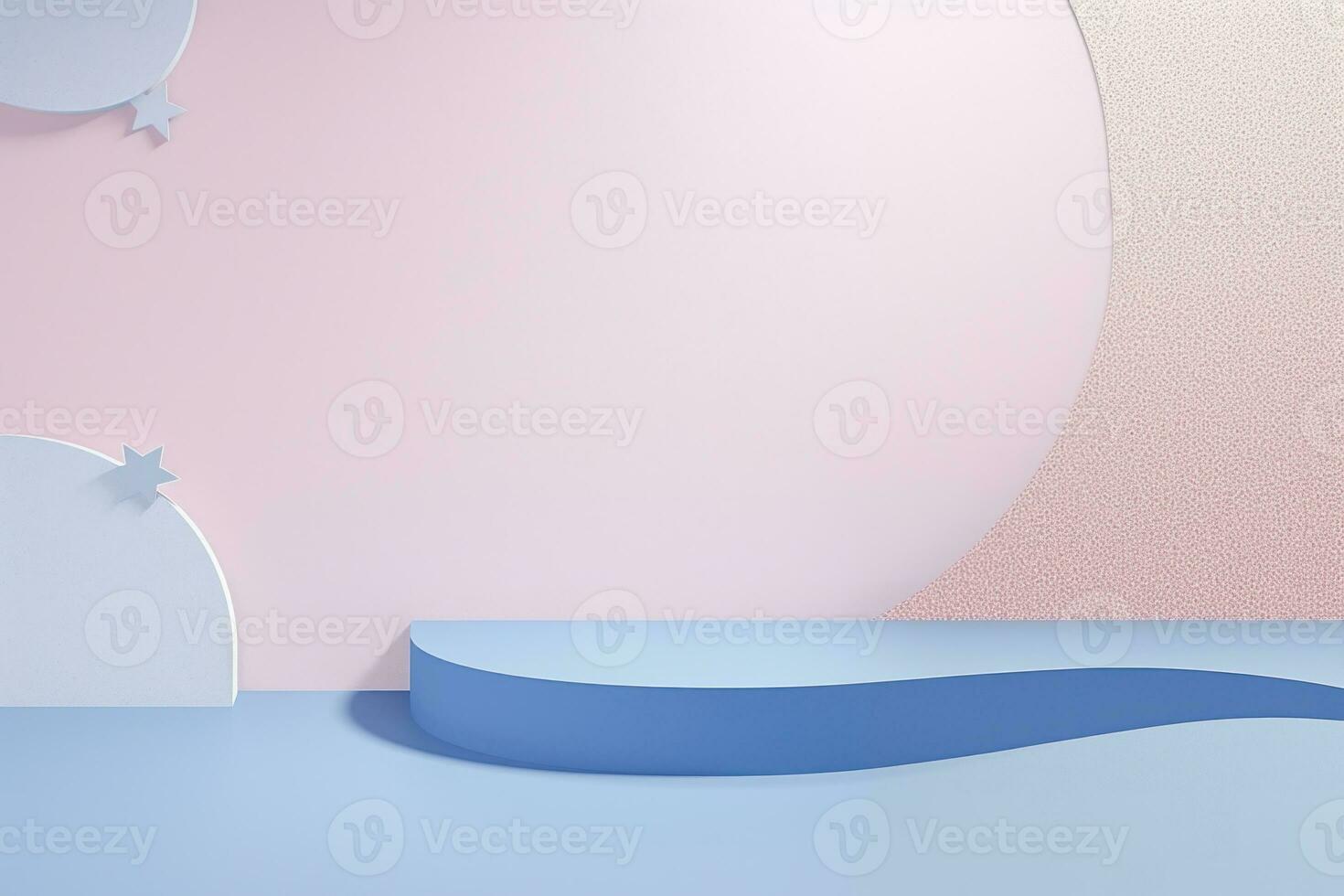 Minimalist scene with blue podium and star. 3d render. Primitive geometrical figures, pastel colors, AI Generative photo