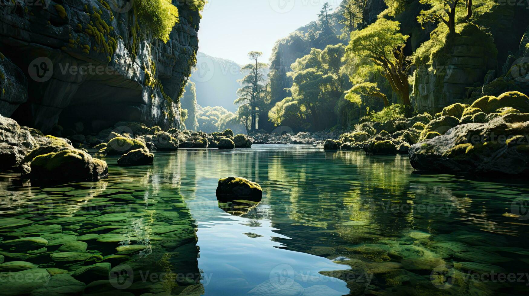 Beautiful fantasy landscape with river and rocks. 3d rendering. AI Generative photo