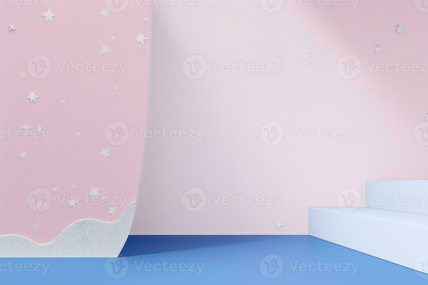 Minimalist scene with blue podium and star. 3d render. Primitive geometrical figures, pastel colors, AI Generative photo
