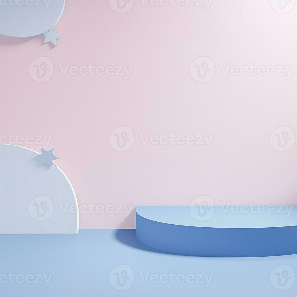 Minimalist scene with blue podium and star. 3d render. Primitive geometrical figures, pastel colors, AI Generative photo