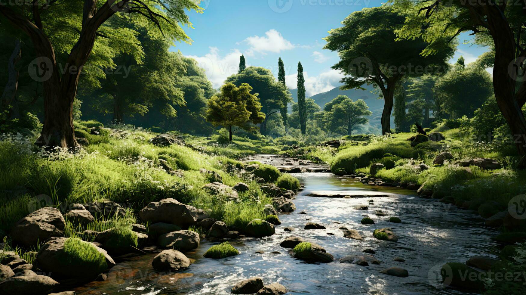 Beautiful fantasy landscape with river and rocks. 3d rendering. AI Generative photo