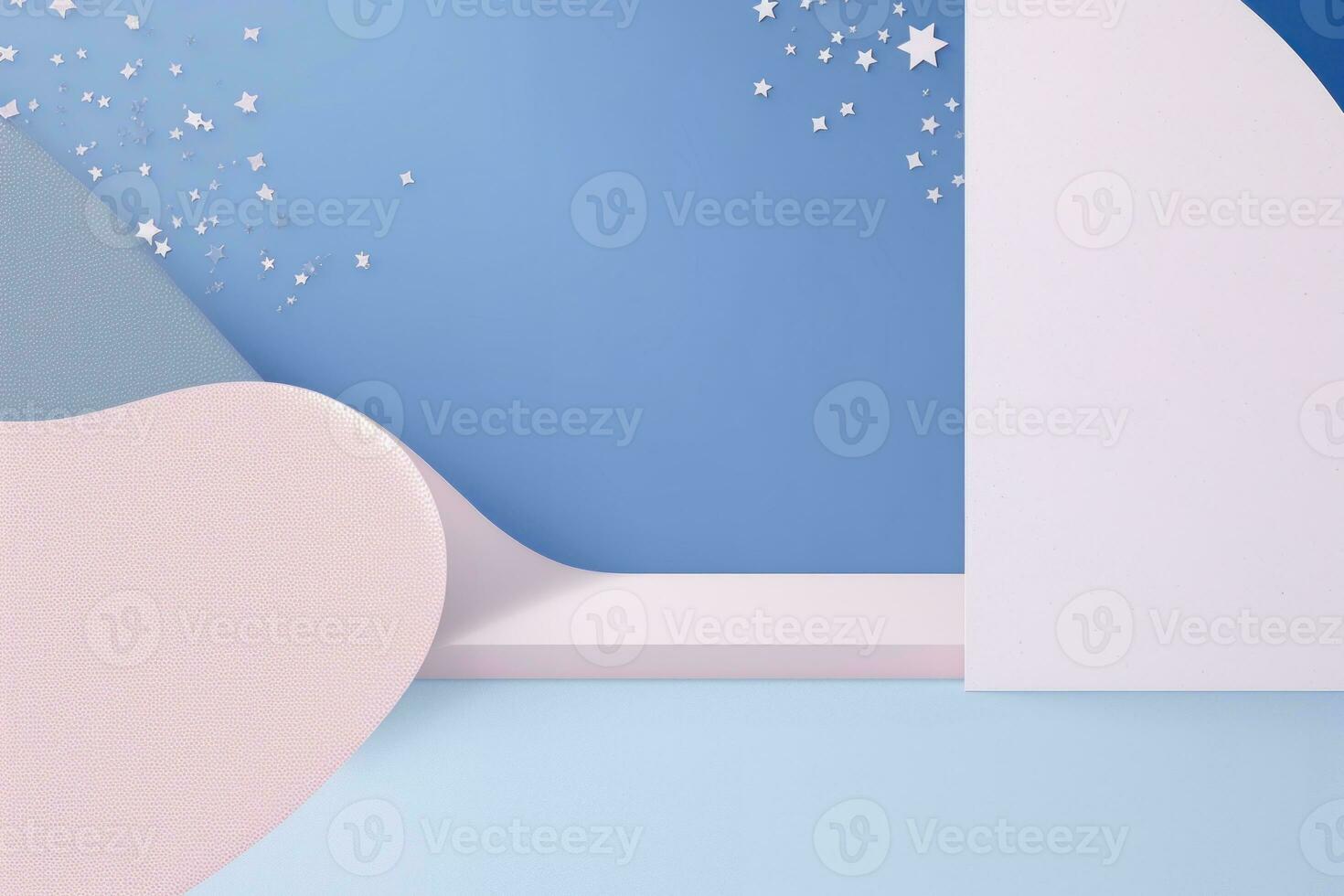 Minimalist scene with blue podium and star. 3d render. Primitive geometrical figures, pastel colors, AI Generative photo