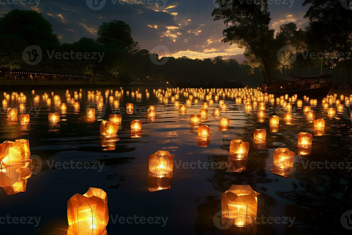 Candles on the river. Thousands of candles floating in the river. Loy Krathong festival in Chiang Mai, Thailand. AI Generative photo