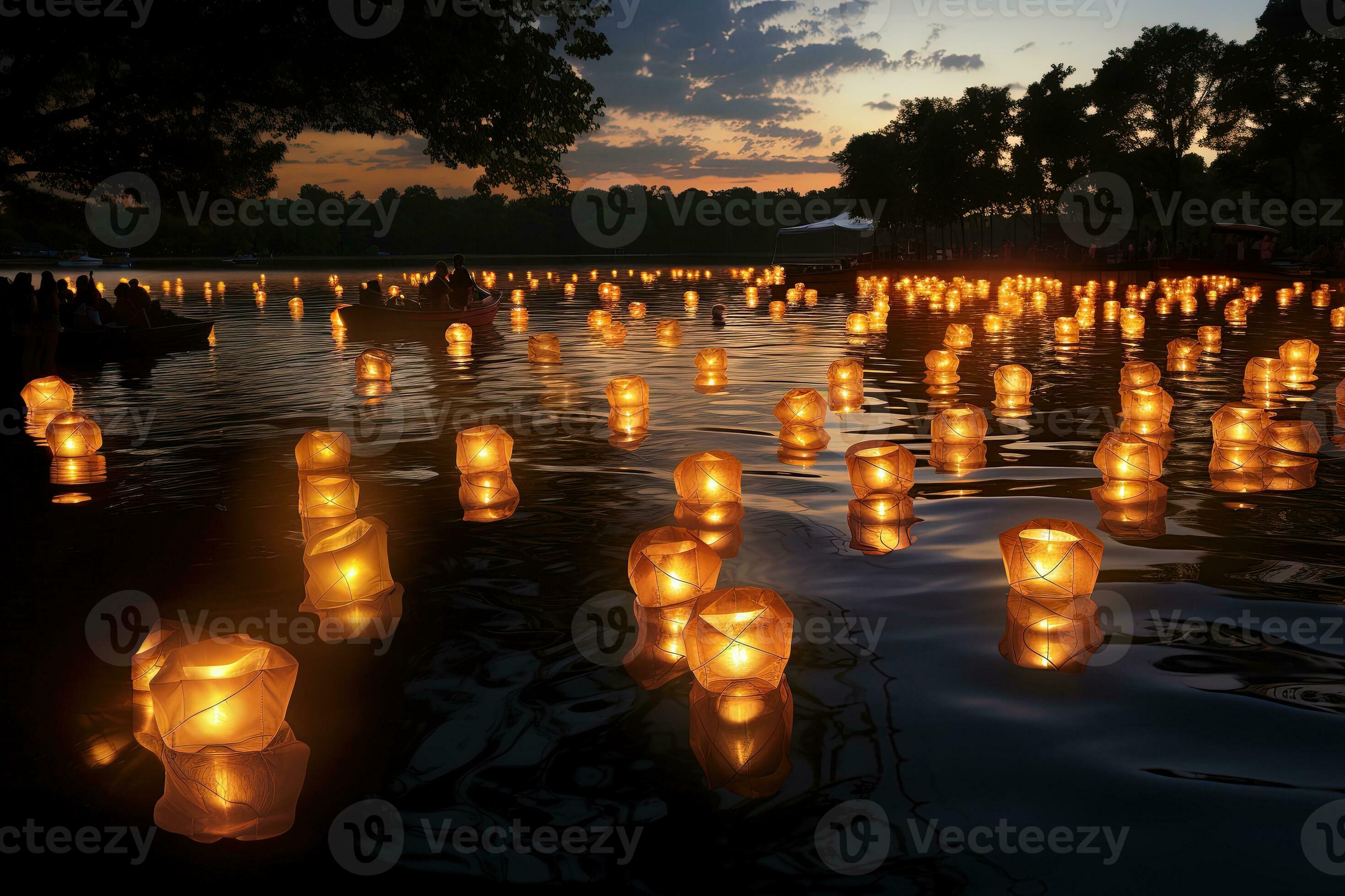 Candles on the river. Thousands of candles floating in the river. Loy