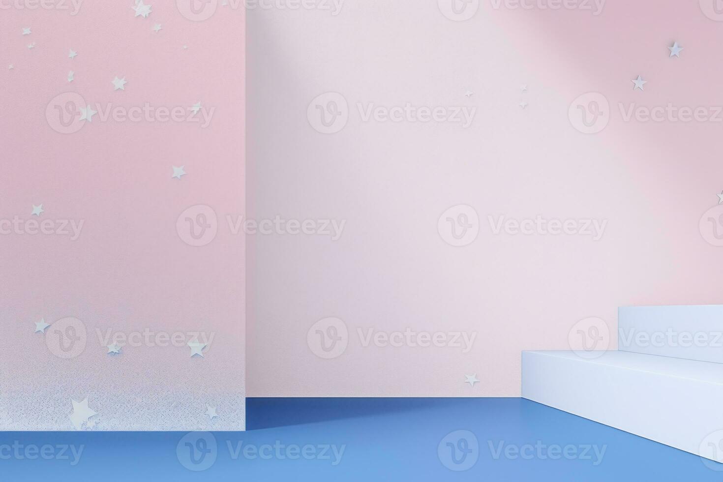 Minimalist scene with blue podium and star. 3d render. Primitive geometrical figures, pastel colors, AI Generative photo