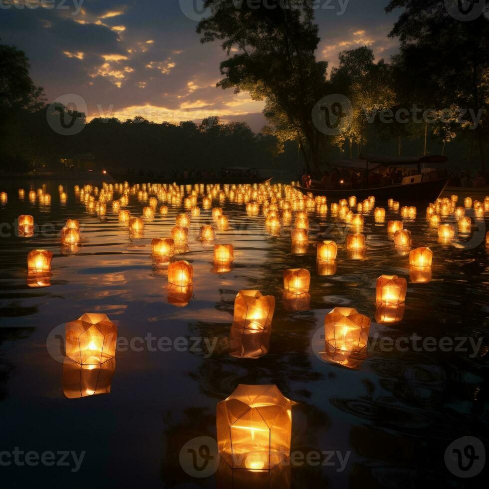 Candles on the river. Thousands of candles floating in the river. Loy Krathong festival in Chiang Mai, Thailand. AI Generative photo