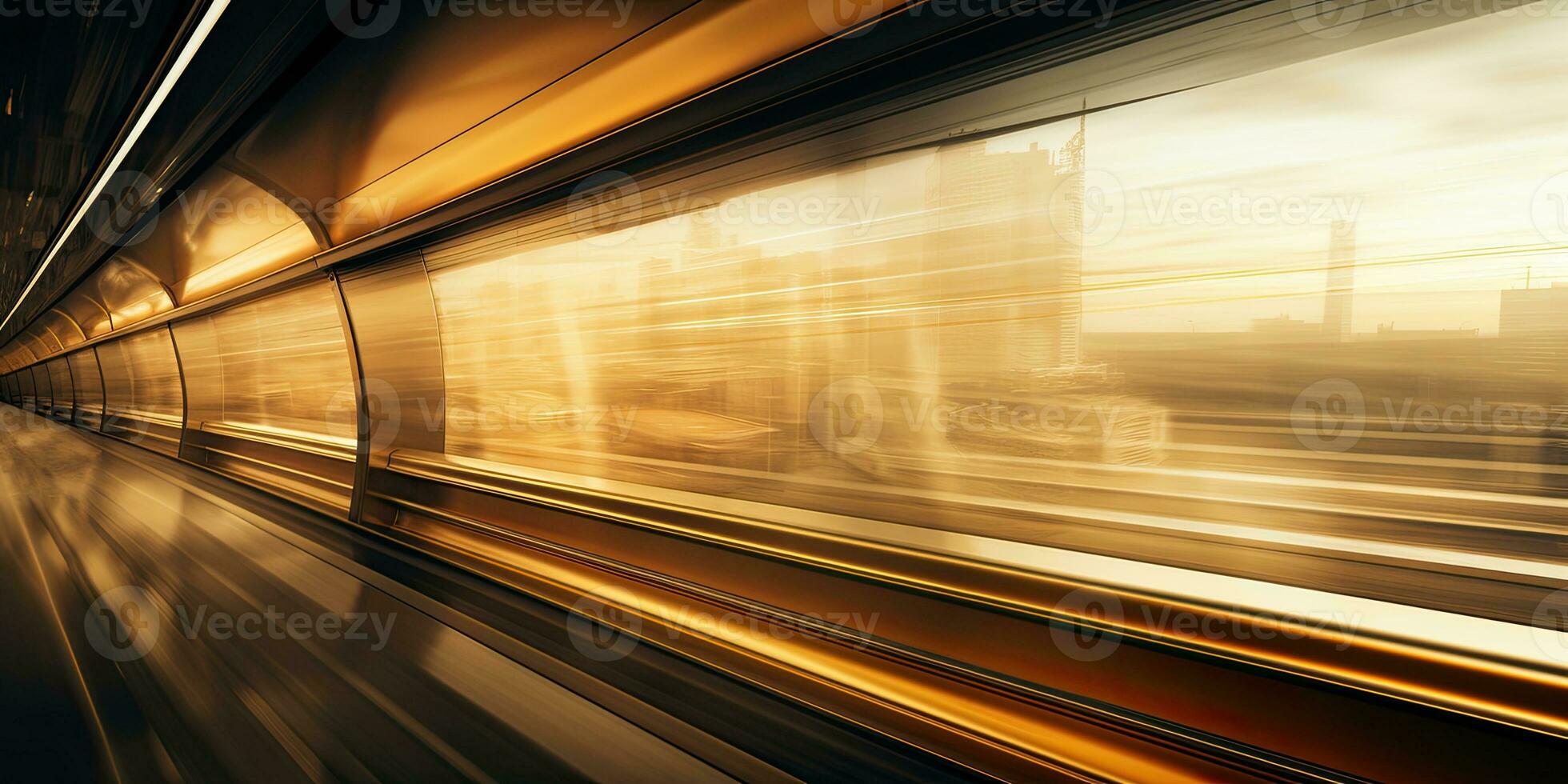 Motion blur of a train moving through the sand dunes at sunset. AI Generative photo