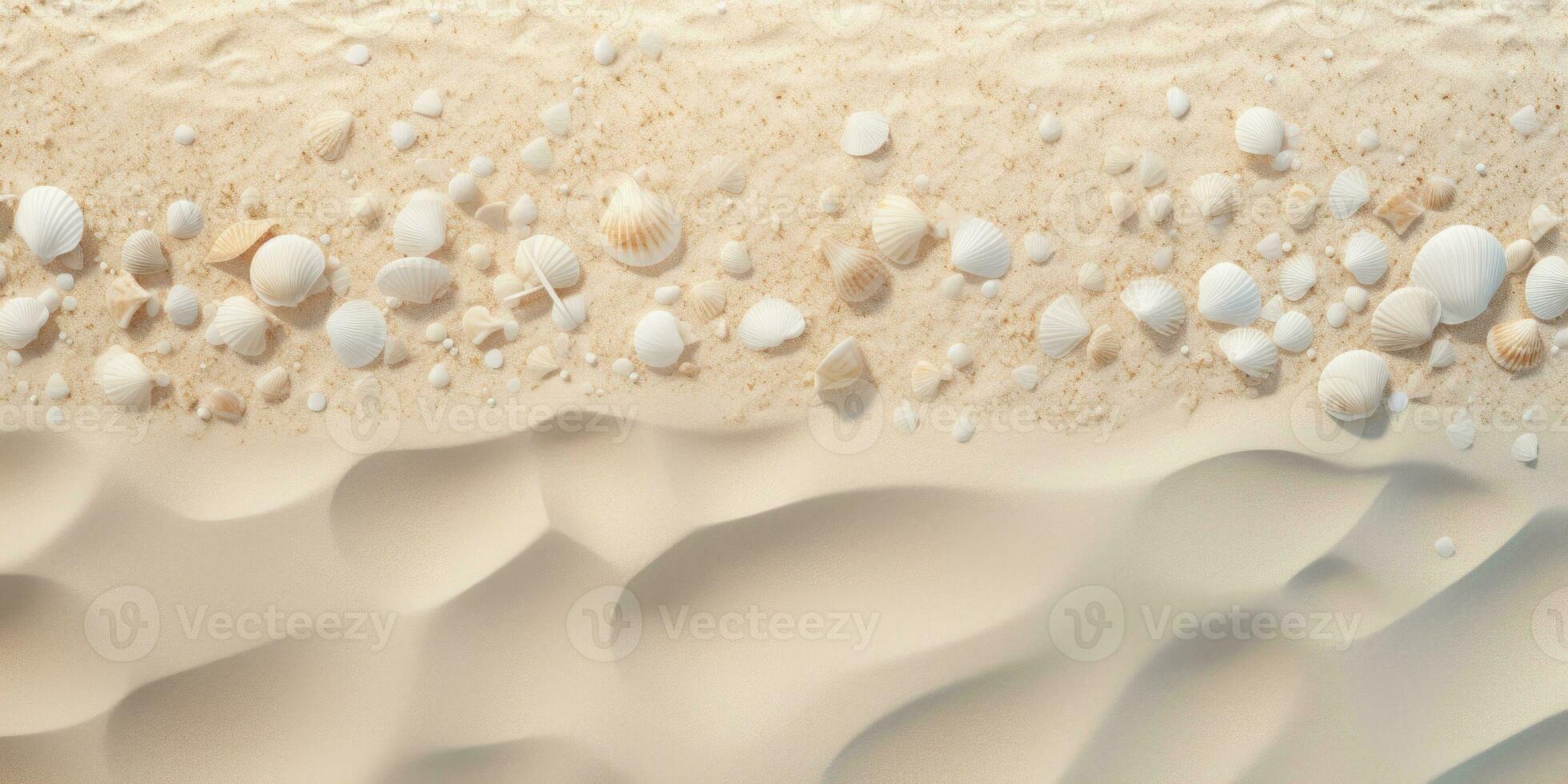 Aerial view of beautiful tropical beach with white sand and sea shells. Beach sand background with seashells and sand. Top view. AI Generative photo