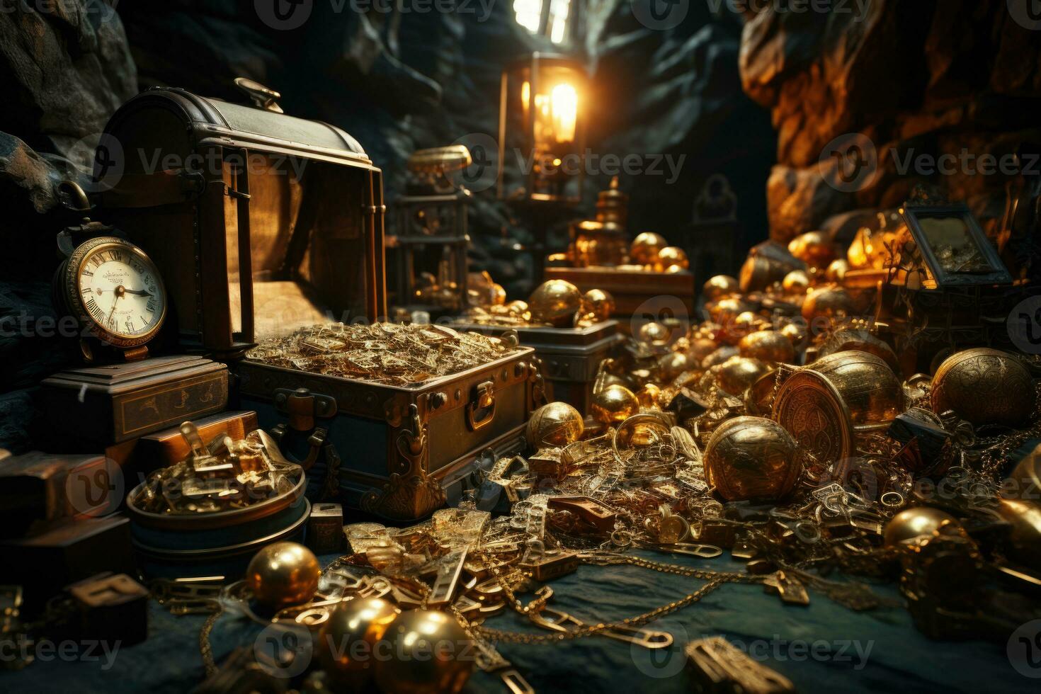 Treasure chest with gold coins and green emeralds on dark background. AI Generative photo