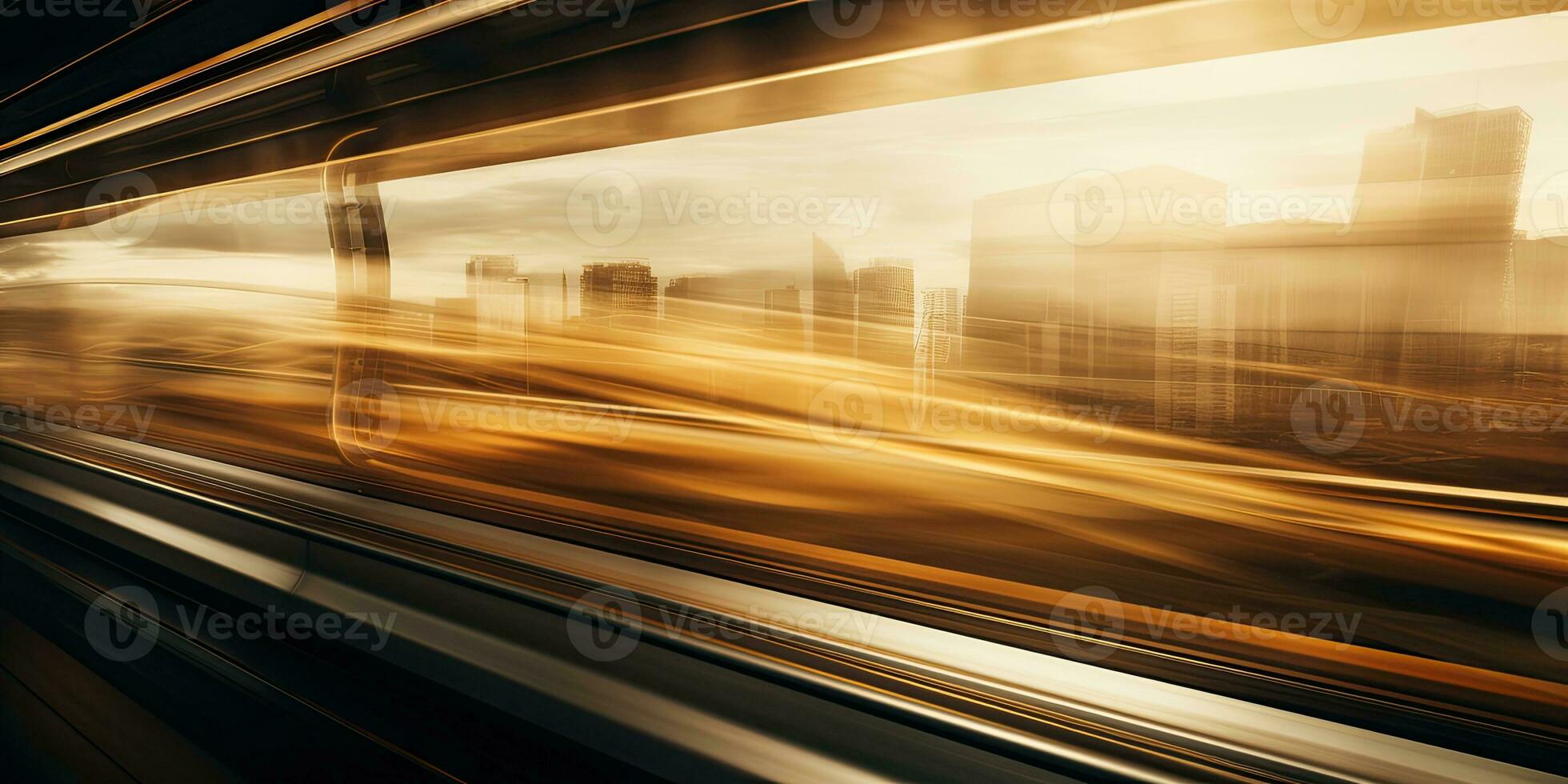 Motion blur of a train moving through the sand dunes at sunset. AI Generative photo