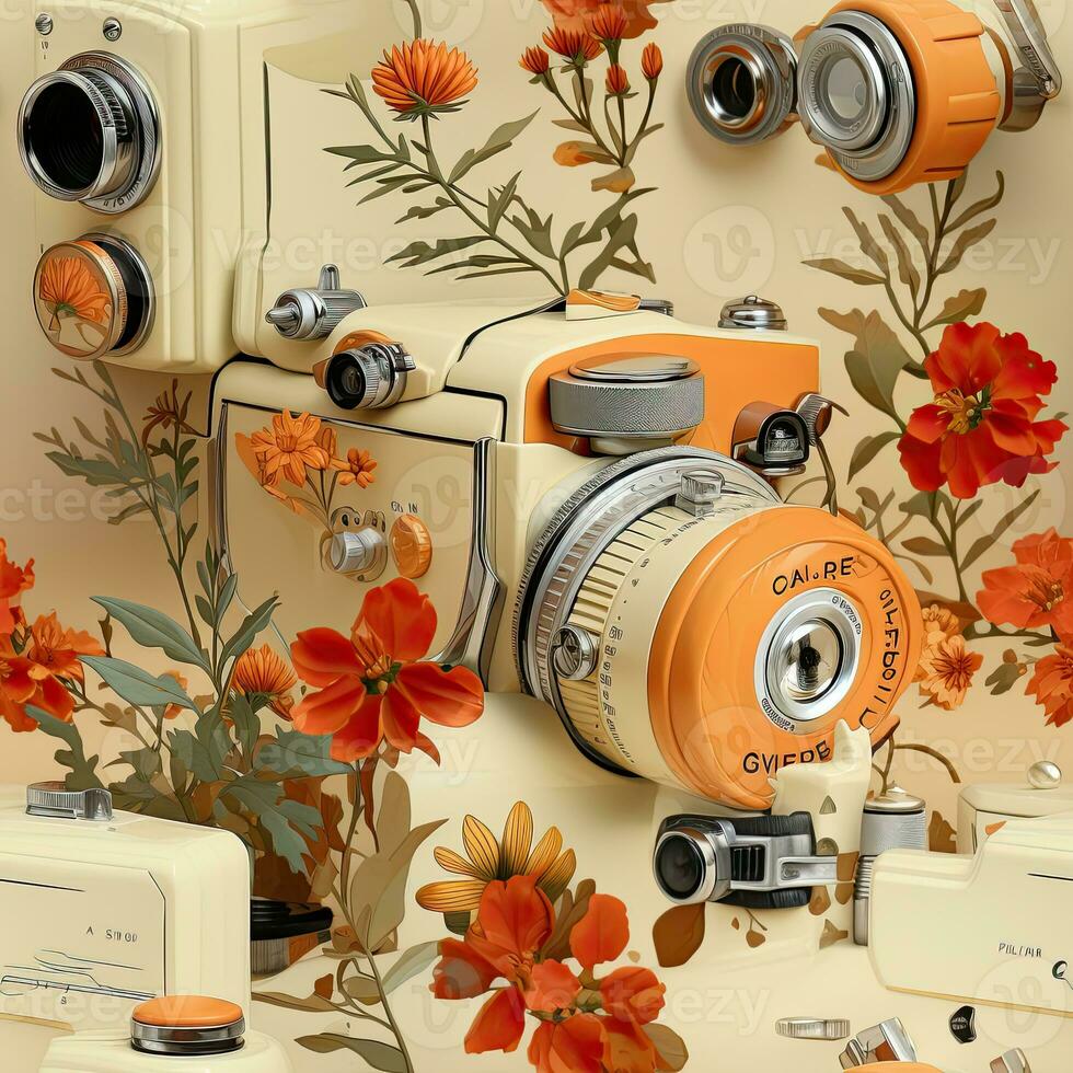 Retro camera with flowers and leaves on the background. 3d illustration. AI Generative photo