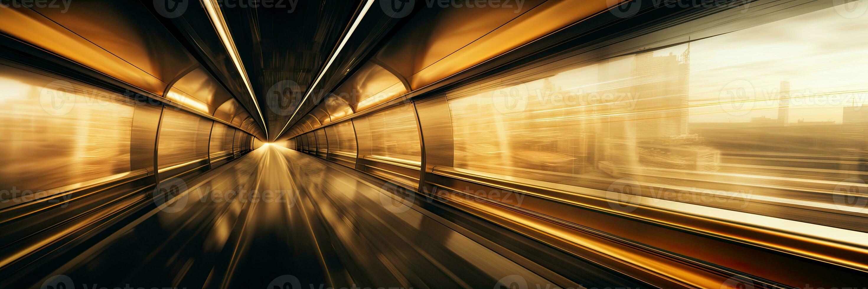 Motion blur of a train moving through the sand dunes at sunset. AI Generative photo