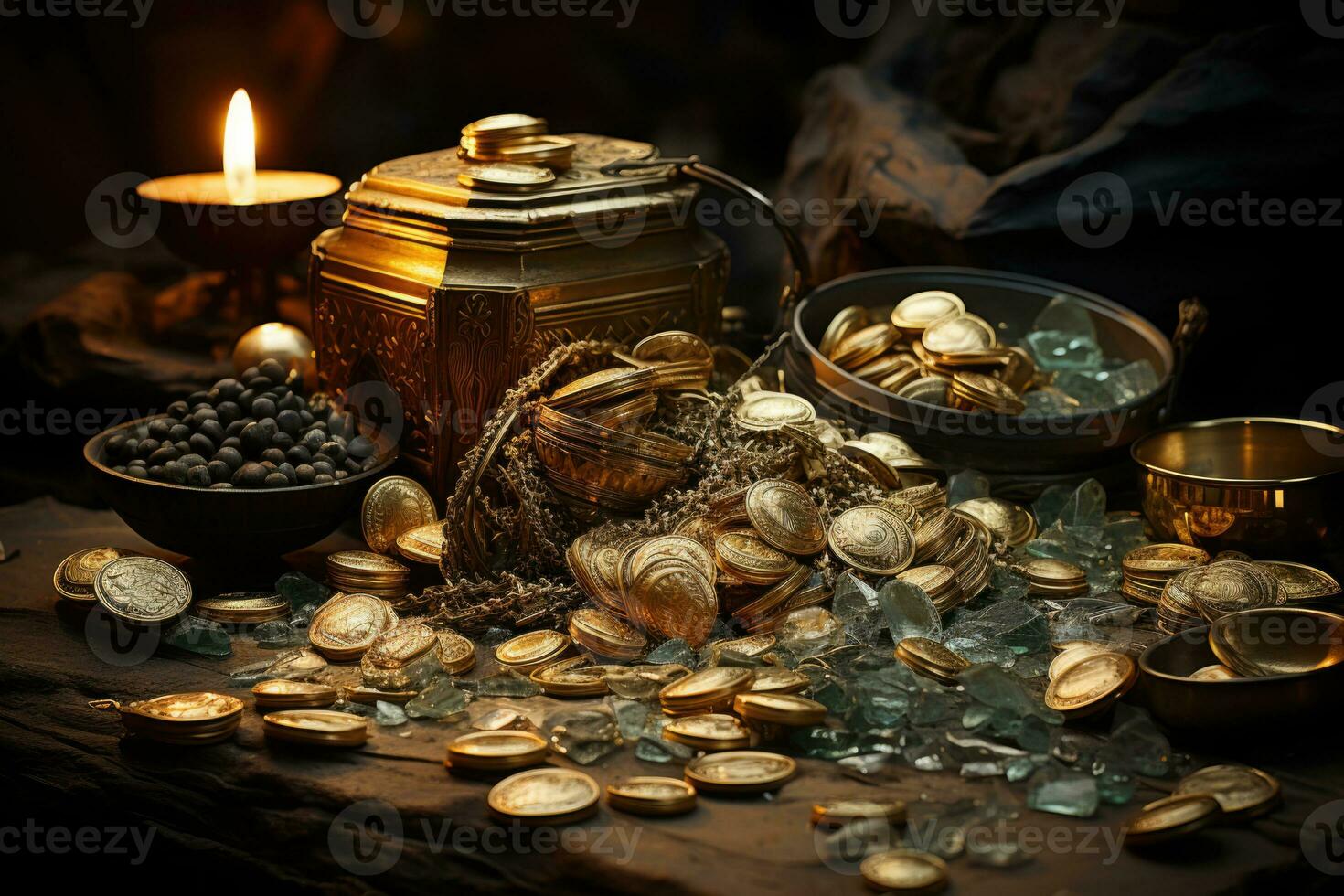 Treasure chest with gold coins and green emeralds on dark background. AI Generative photo