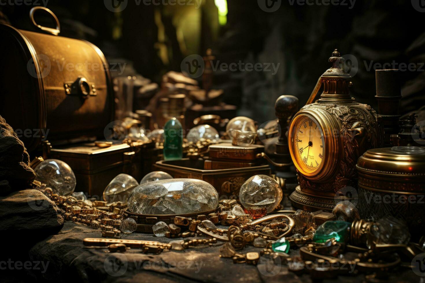 Treasure chest with gold coins and green emeralds on dark background. AI Generative photo