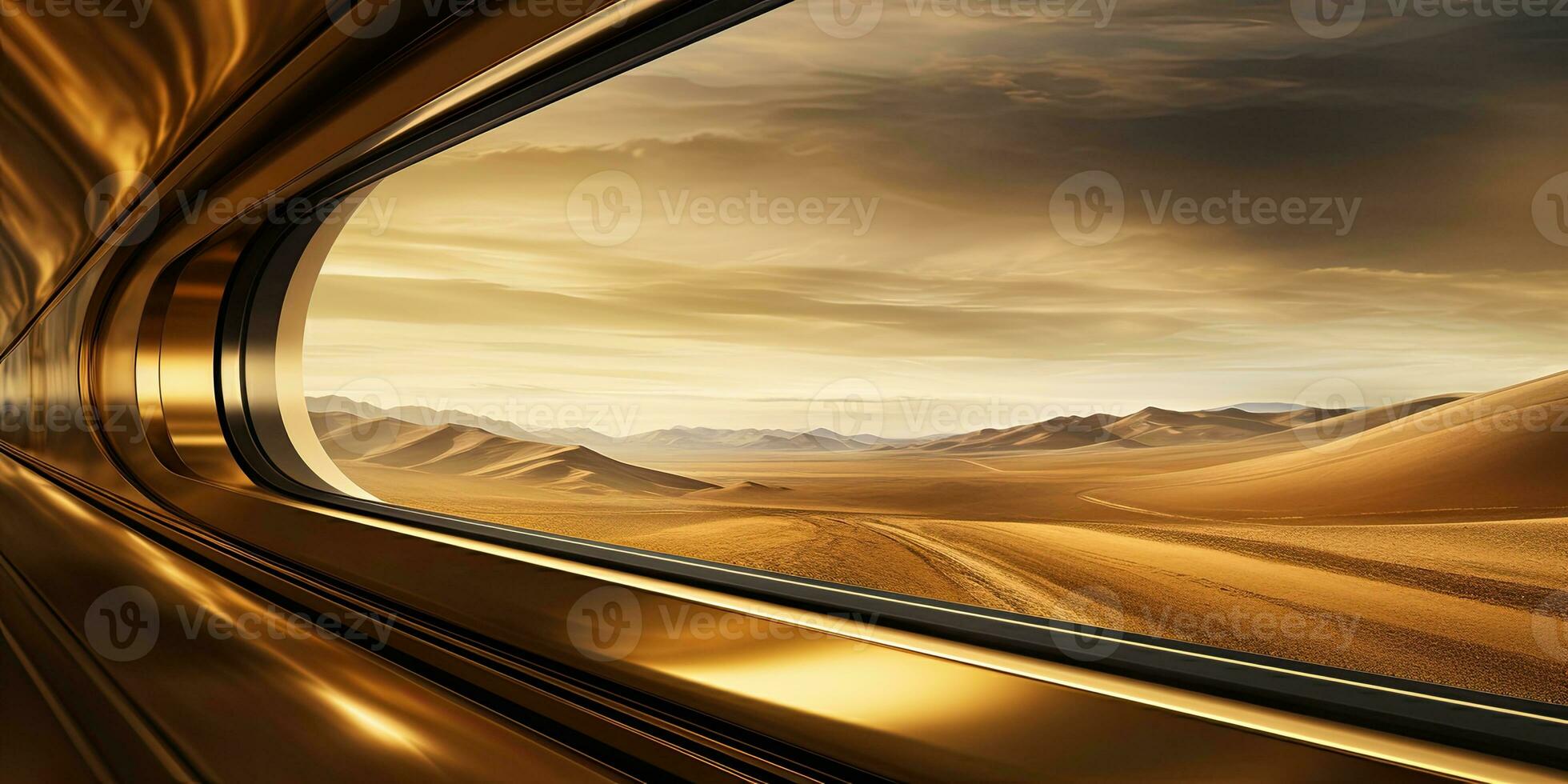 Motion blur of a train moving through the sand dunes at sunset. AI Generative photo