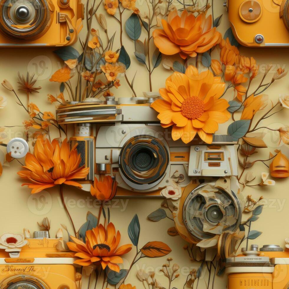Retro camera with flowers and leaves on the background. 3d illustration. AI Generative photo