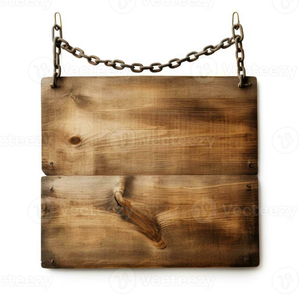 Wooden sign with chain isolated on white background. Clipping path included.  AI Generative photo