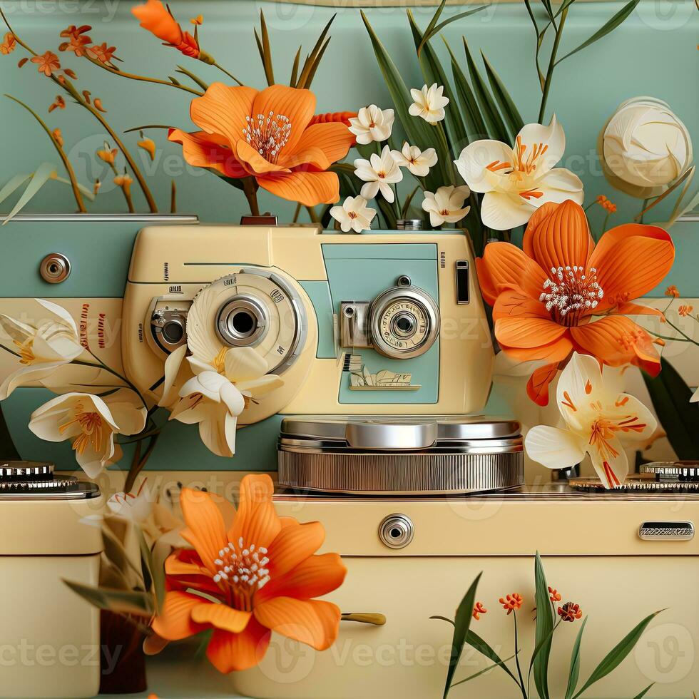 Retro camera with flowers and leaves on the background. 3d illustration. AI Generative photo