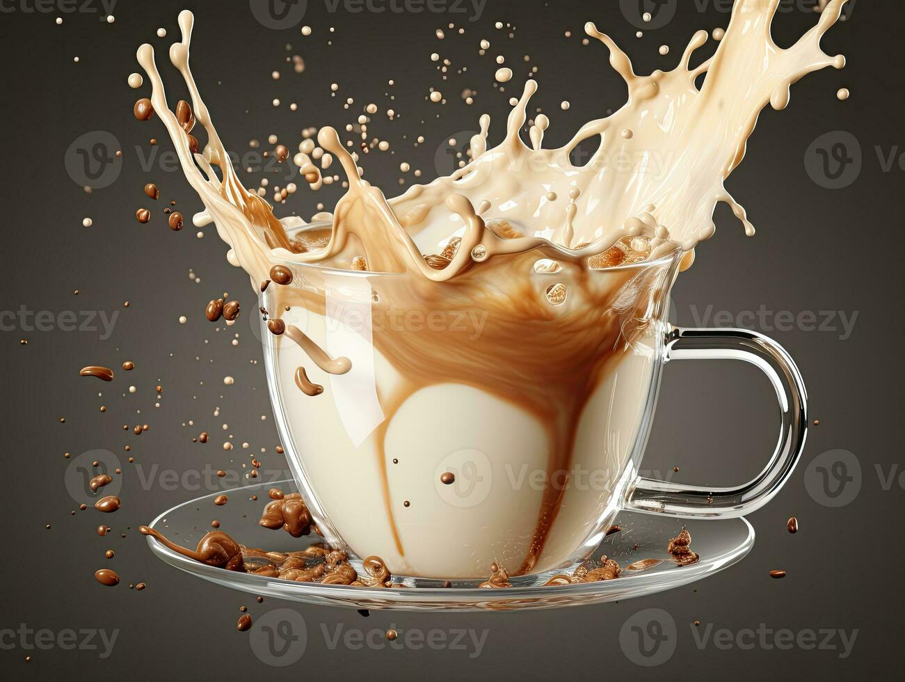 Cup of coffee, chocolate milk, caramel with milk splash on dark background, closeup. AI Generative photo