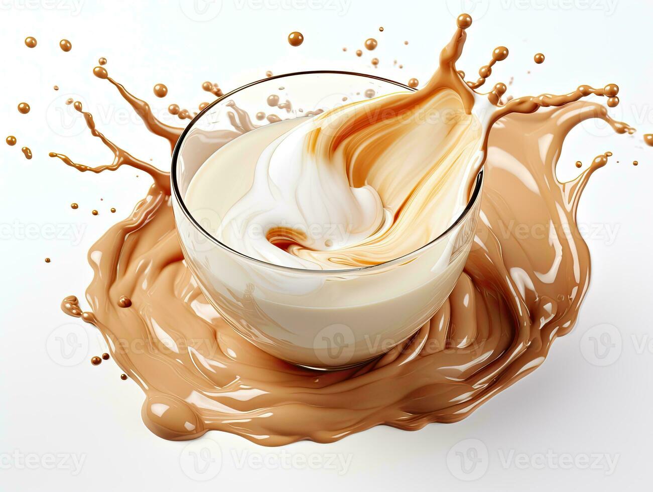 Cup of coffee, chocolate milk, caramel with milk splash on white background, closeup. AI Generative photo