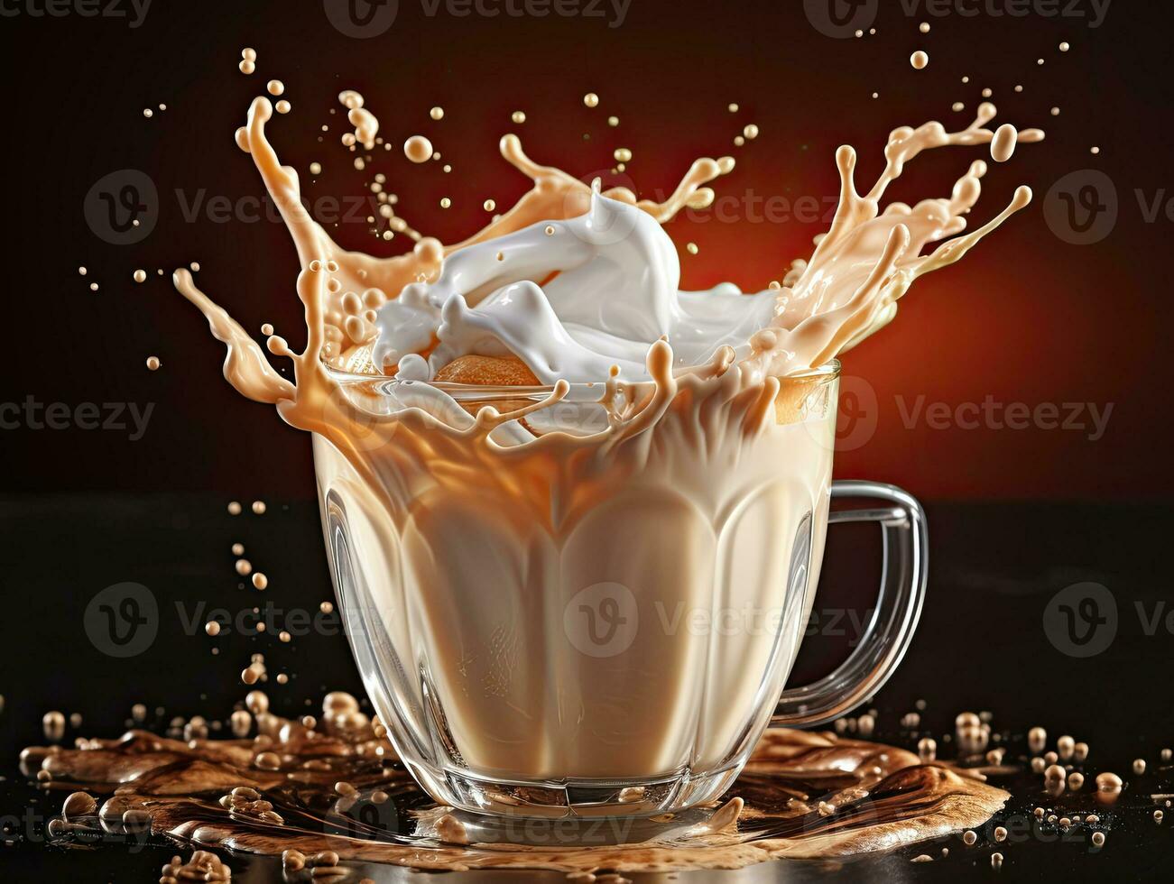 Cup of coffee, chocolate milk, caramel with milk splash on dark background, closeup. AI Generative photo