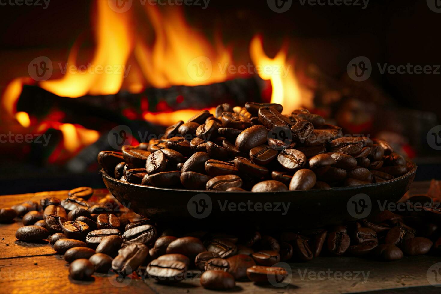 Roasted coffee beans in a ceramic bowl on a wooden background. AI Generative photo