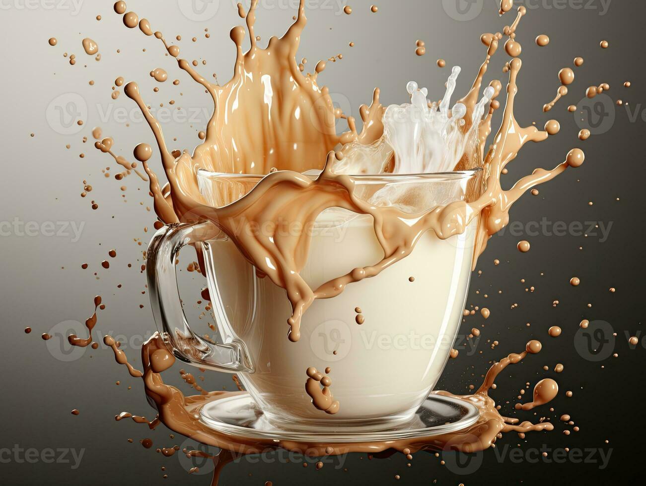 Cup of coffee, chocolate milk, caramel with milk splash on dark background, closeup. AI Generative photo
