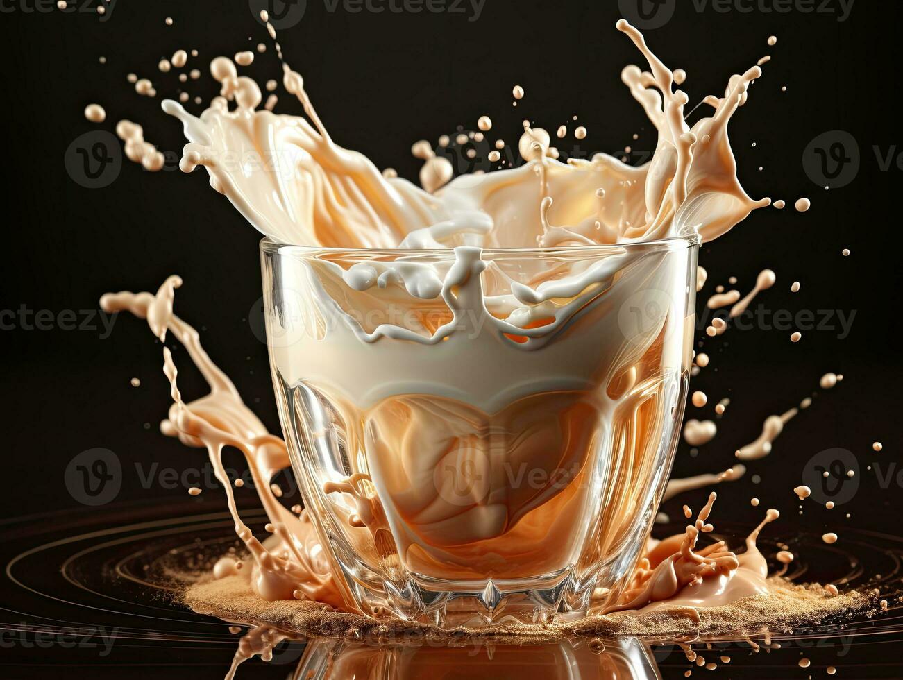 Cup of coffee, chocolate milk, caramel with milk splash on dark background, closeup. AI Generative photo