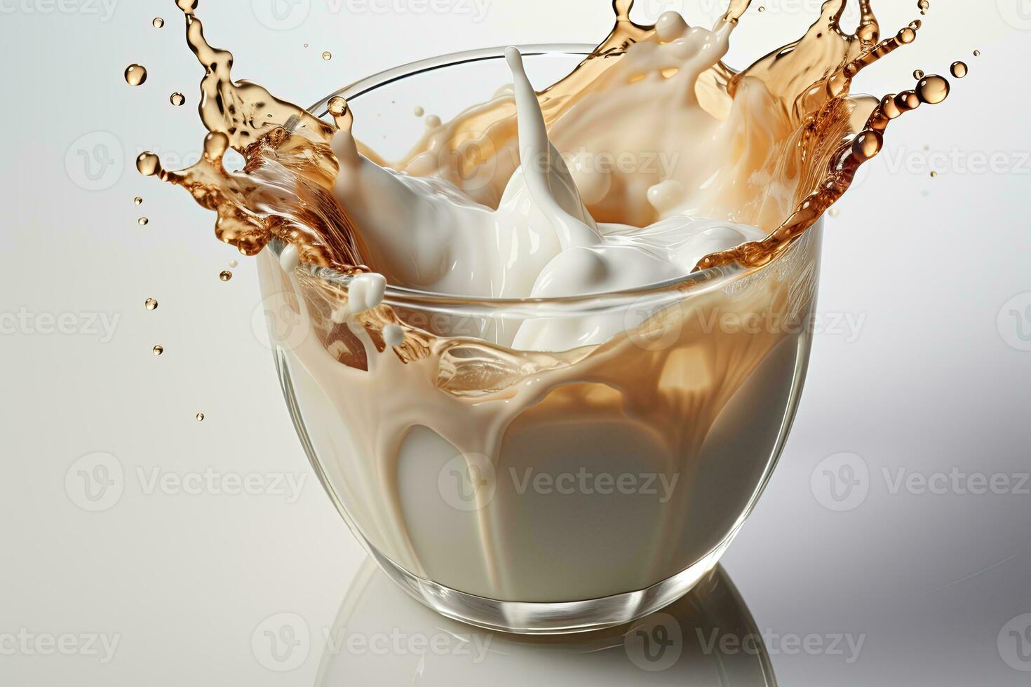 Cup of coffee, chocolate milk, caramel with milk splash on white background, closeup. AI Generative photo