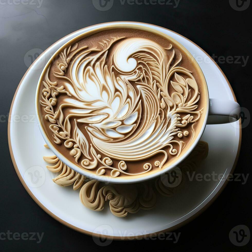 Coffee cup with latte art on a black background. AI Generative photo