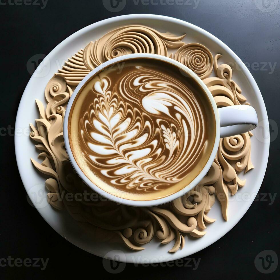 Coffee cup with latte art on a black background. AI Generative photo