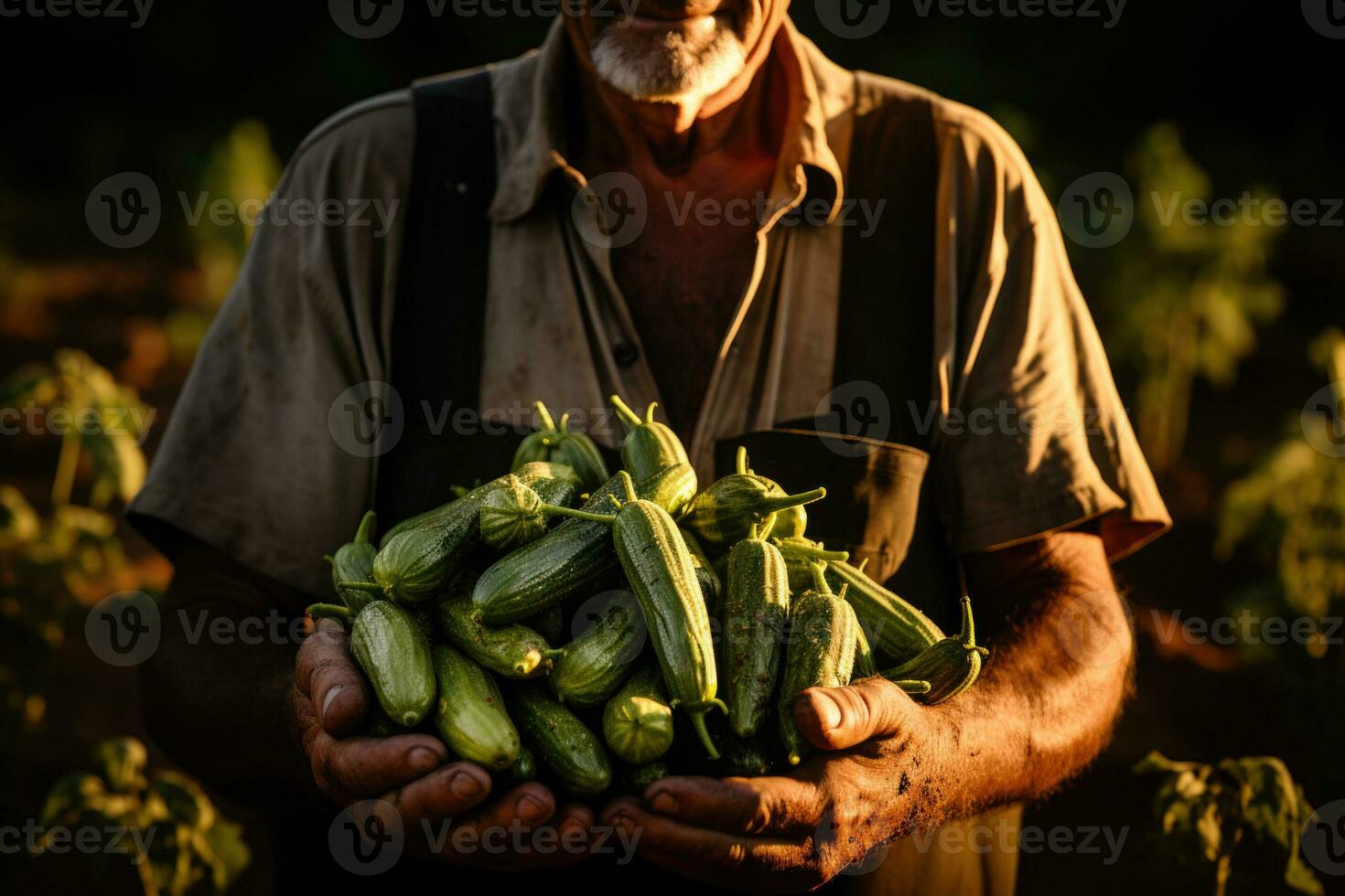 Farmer holding bowl with freshly harvested cucumbers on field, closeup. AI Generative photo