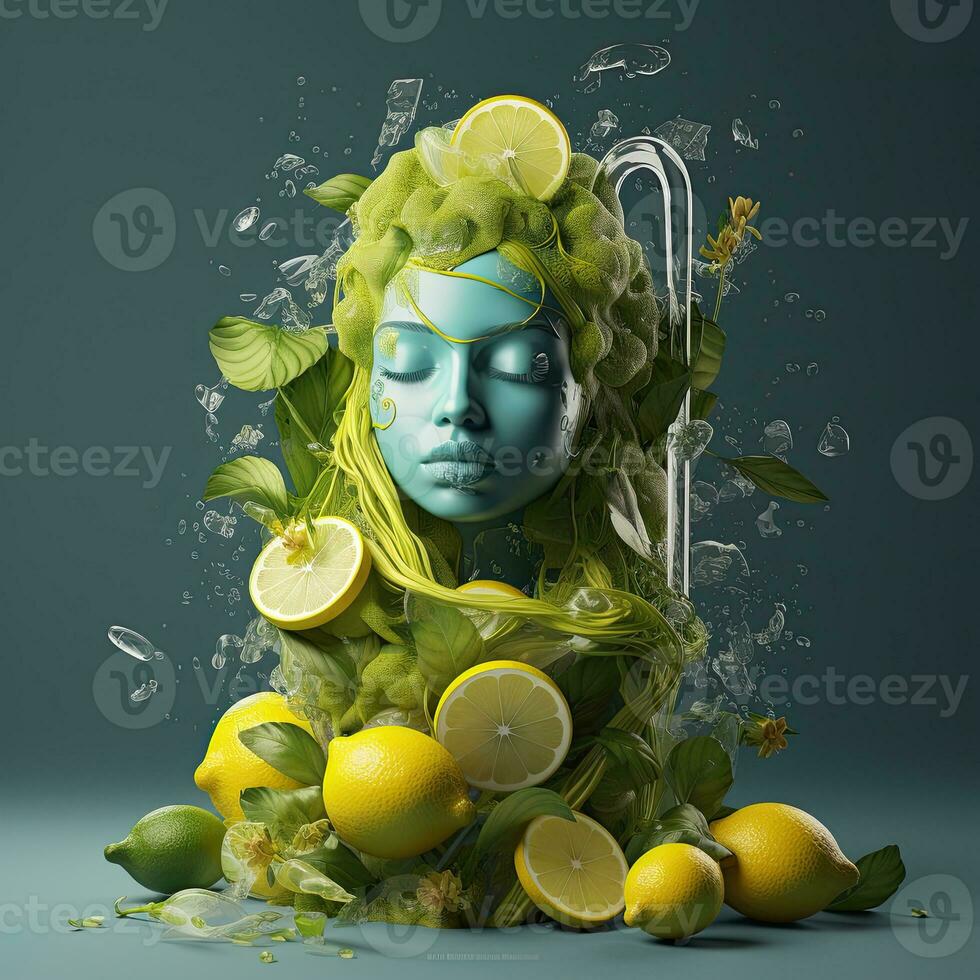 Fruit and vegetable juice in a bottle with flying fruits and vegetables