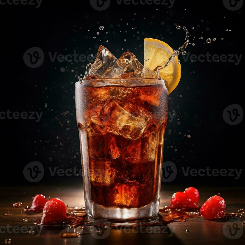 Cola with ice cubes and fresh berries on wooden table on dark background. AI Generative photo