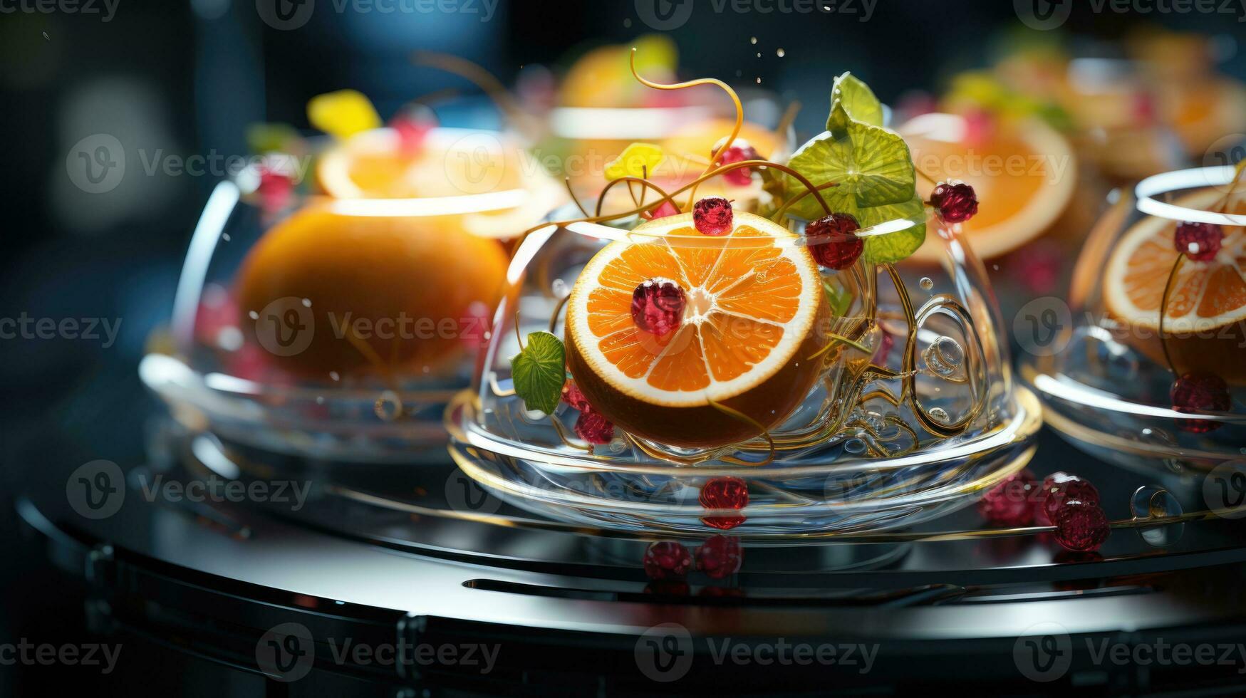 Close up of glass bowl with fruit and berries on black background. AI Generative photo