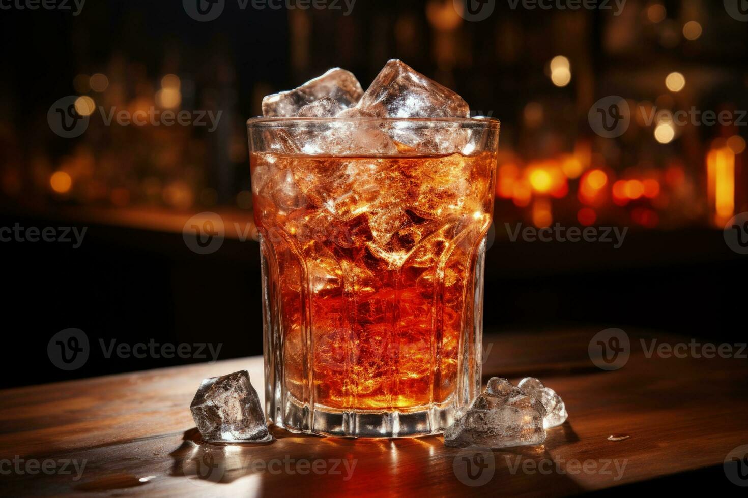 Cuba libre cocktail with ice, lemon and grapefruit on dark background. AI Generative photo