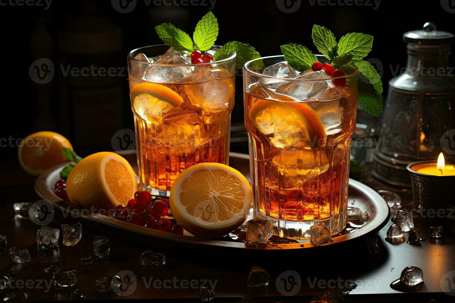 Cuba libre cocktail with ice, lemon and grapefruit on dark background. AI Generative photo
