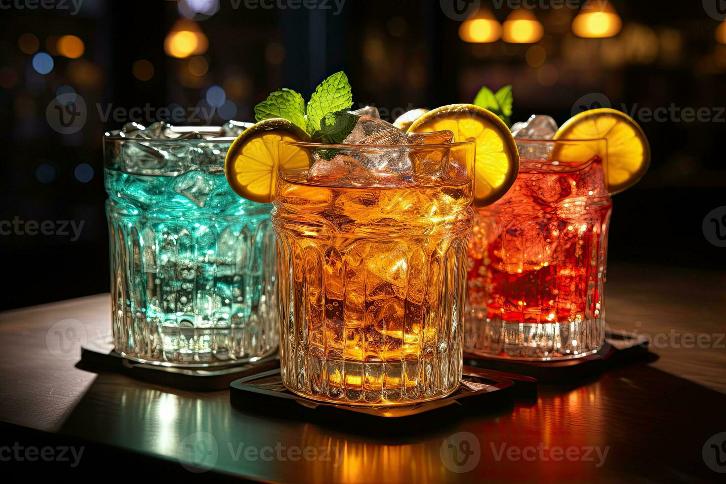 Cuba libre cocktail with ice, lemon and grapefruit on dark background. AI Generative photo