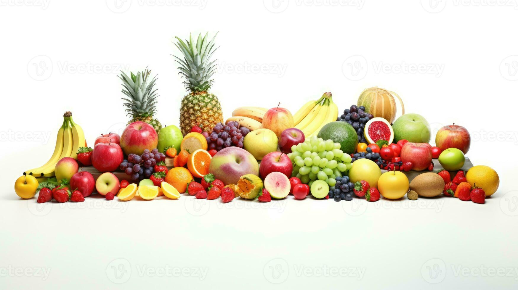 Fruits were placed in a row on a white background with space for text. AI Generative photo
