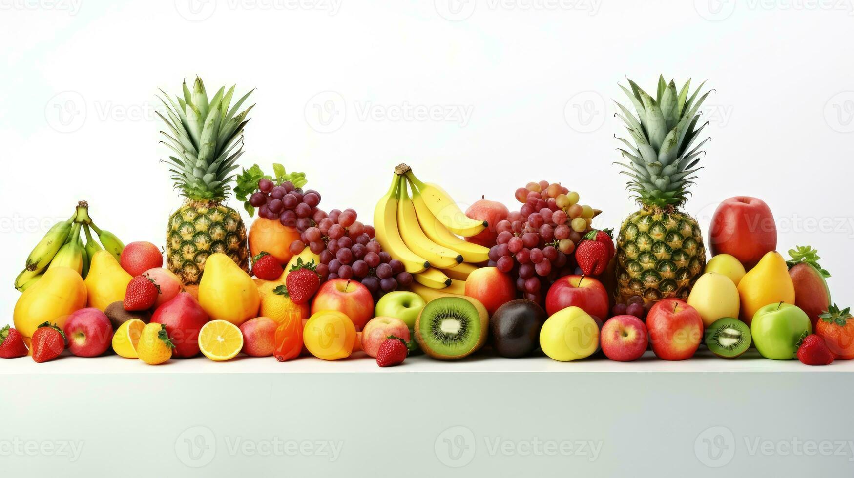 Fruits were placed in a row on a white background with space for text. AI Generative photo