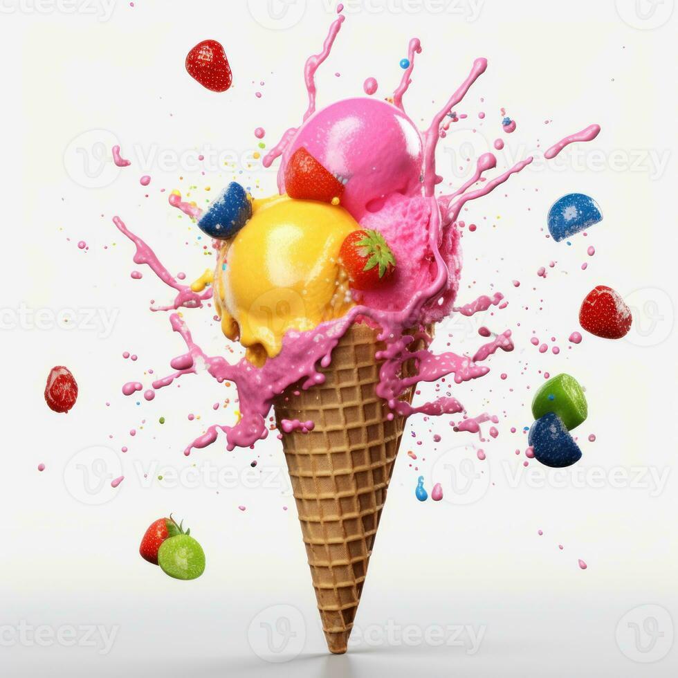 Colorful ice cream with fruits and splashes isolated on white background. AI Generative photo