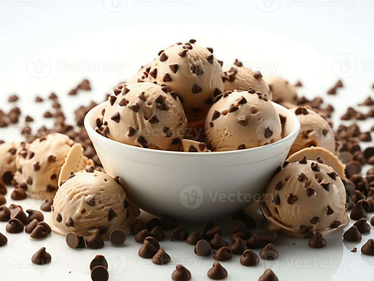 Chocolate ice cream balls with chocolate shavings on black background. AI Generative photo