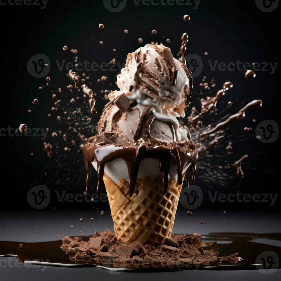 ice cream with chocolate and ice cream splash on a black background. AI Generative photo