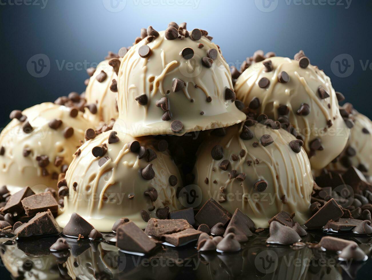Chocolate ice cream balls with chocolate shavings on blue background. AI Generative photo