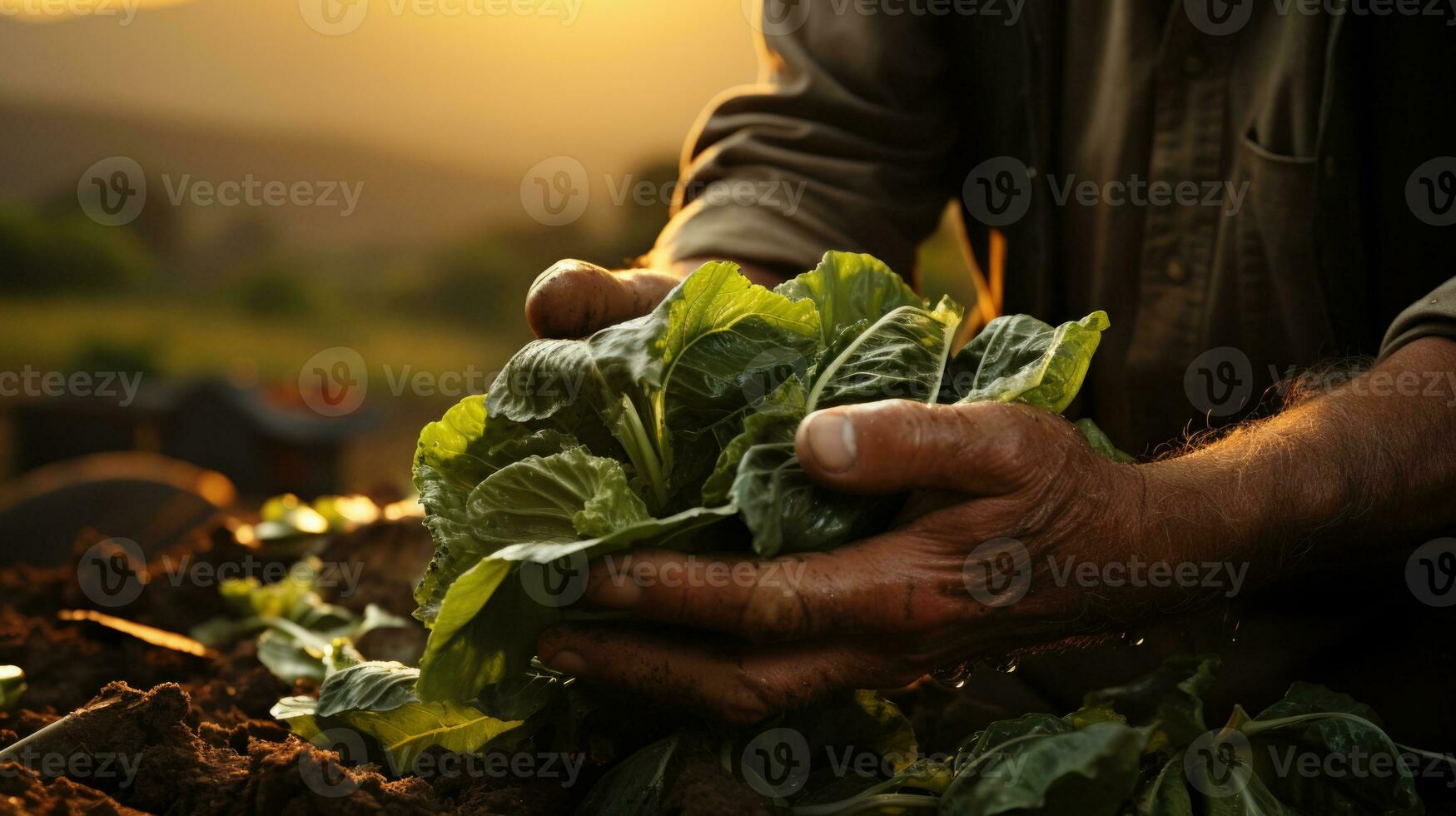 Close-up of male hands holding fresh organic green salad, lettuce in soil. AI Generative photo