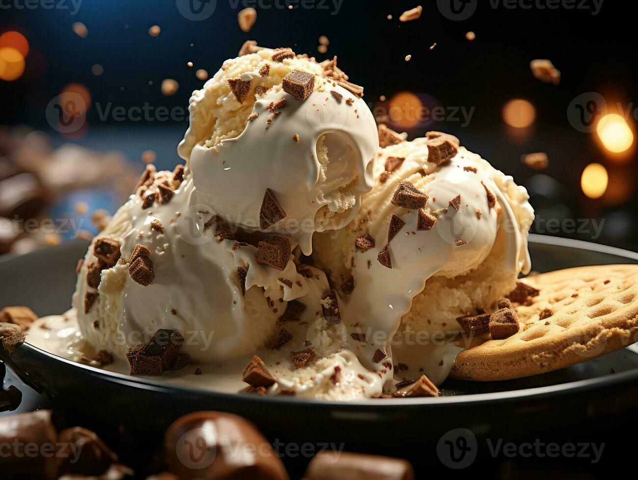 Chocolate ice cream balls with chocolate shavings on black background. AI Generative photo
