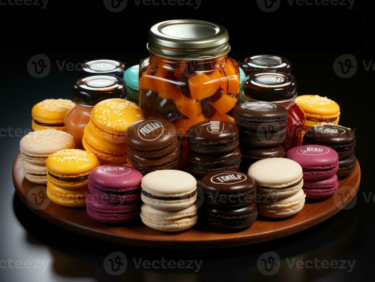 Assortment of colorful macaroons on plate with jar. AI Generative photo